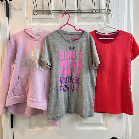 Girls Adidas/ Under Armour hoodie tshirt pink gray bundle size youth medium - Picture 1 of 13